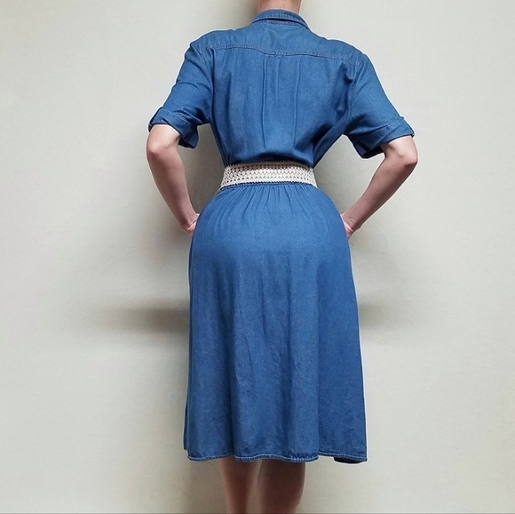 Vintage 90s KDK Light Wash Blue Chambray Lace Belted Side Pocket Midi Dress 14 - Picture 3 of 16